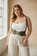 Plus Size Khaki Women's Leather Belted Shoulder Strap Corset with Eyelet Detail - SH853 - Image 3