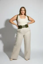 Plus Size Khaki Women's Leather Belted Shoulder Strap Corset with Eyelet Detail - SH853 - Image 4