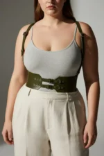 Plus Size Khaki Women's Leather Belted Shoulder Strap Corset with Eyelet Detail - SH853 - Image 5