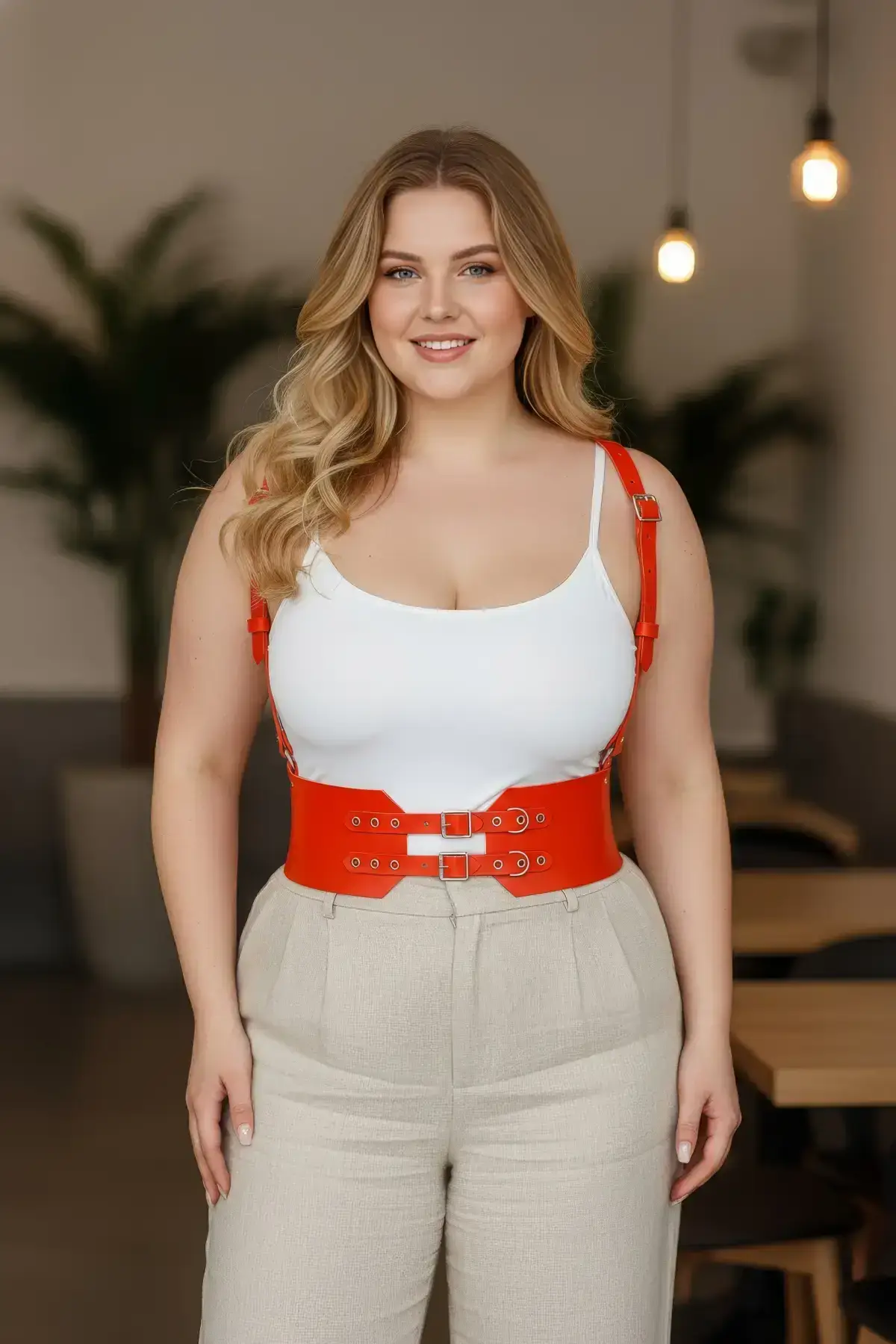 Plus Size Orange Women's Belted Corset-Style Leather Dress with Double Buckle - SH853