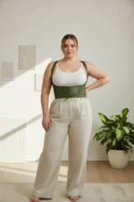 Plus Size Khaki Women's Corset with Belt and Lace-up Detail, Aesthetic Design - SH855 - Image 2