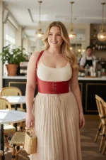 Plus Size Red Women's Belted Corset Style Shoulder Strap Dress - SH855