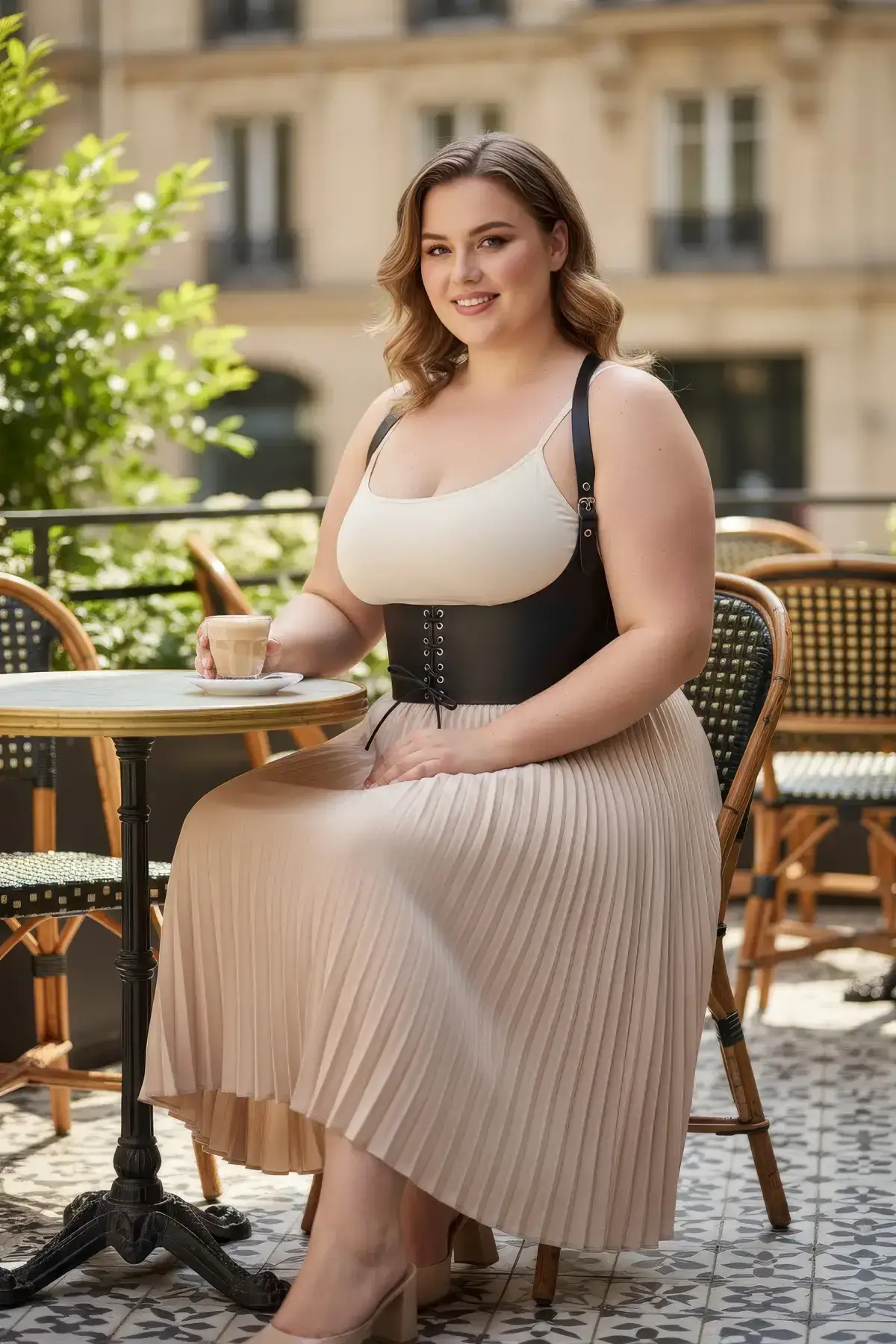 Plus Size Black Women's Belted Shoulder Strap Lace-up Corset Detail - SH855