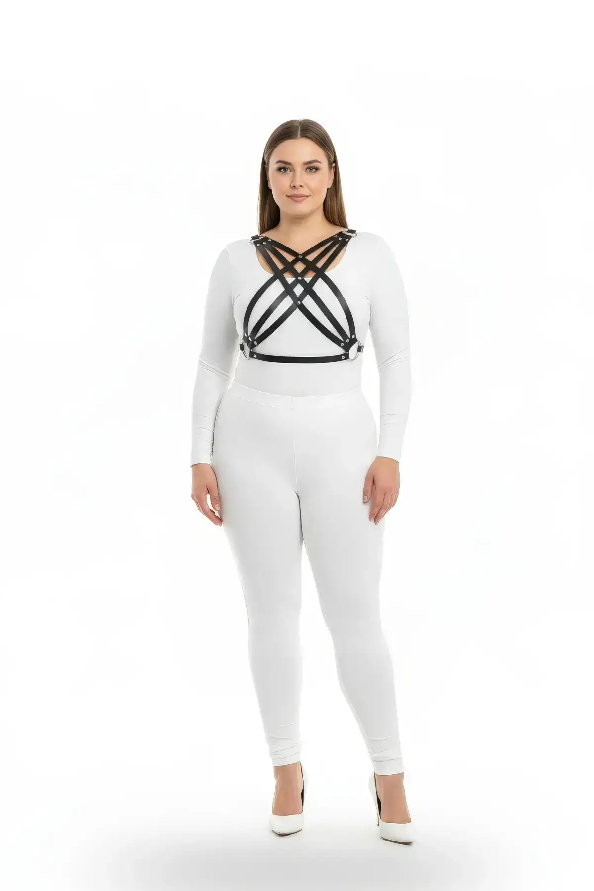 Plus Size Black Women's Leather-Look Harness Set Adjustable Body Accessory - SH867