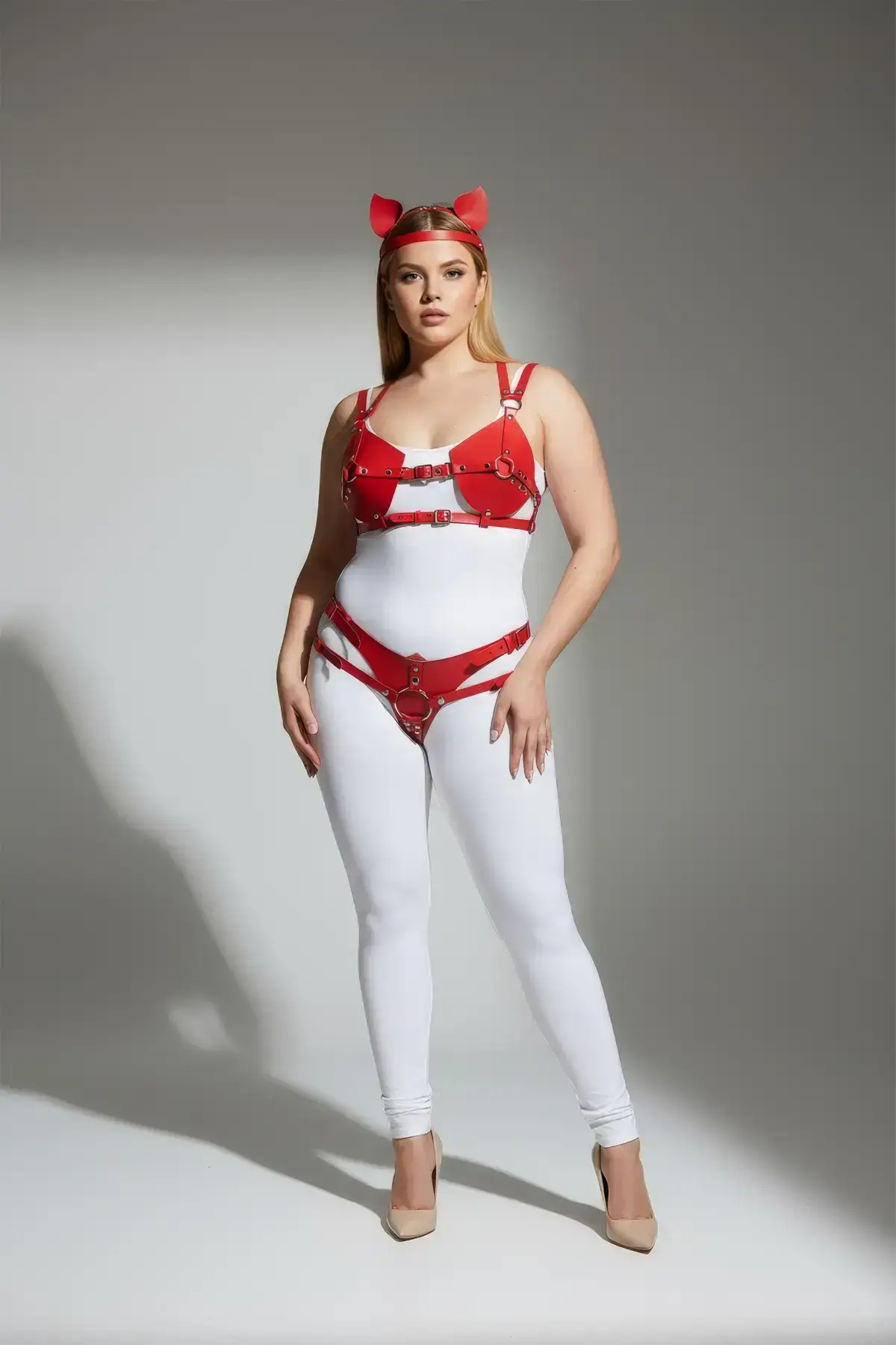 Plus Size Red Women's Harness Set with Cat Ears, Leather Fantasy Accessory - SH871
