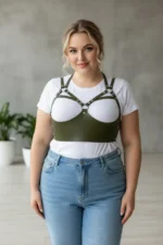 Plus Size Khaki Women's Leather Harness Body Belt with Rivet Detail - SH872 - Image 3