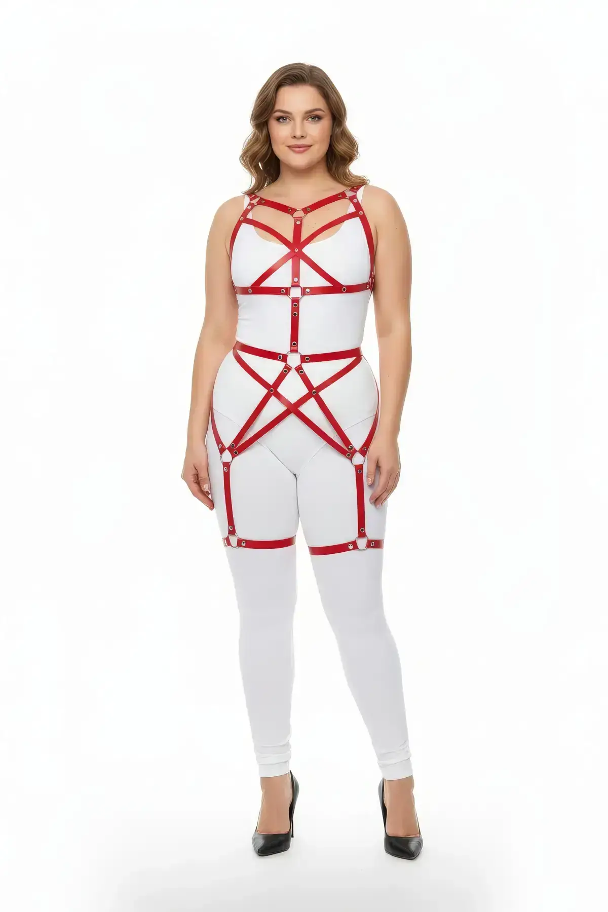 Plus Size Red Women's Harness Set Full Body Leather Fantasy Accessory - SH894