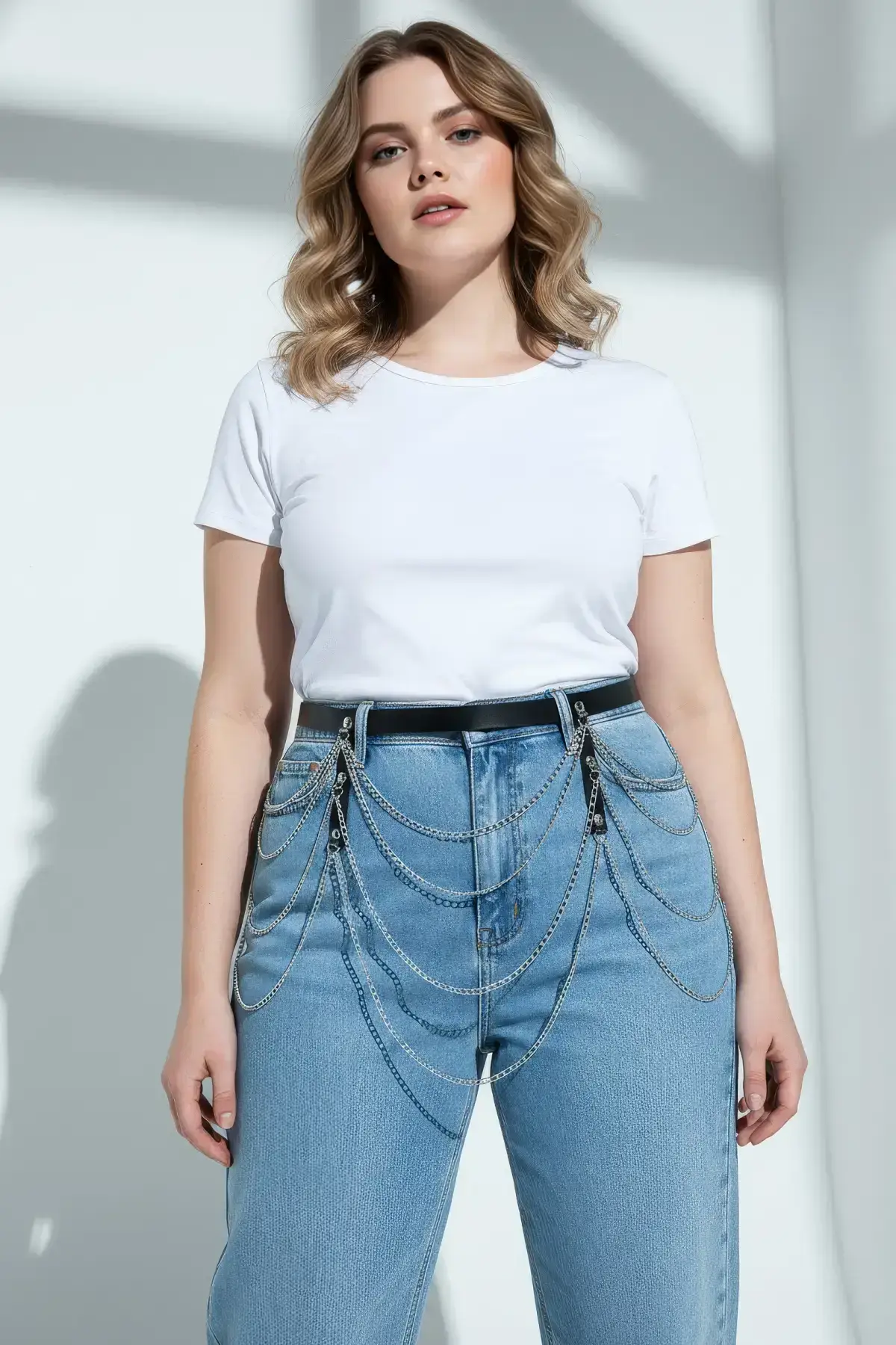 Plus Size Black Women's Belt with Multiple Chain Details and Aesthetic Design - SH921