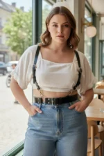 Plus Size Black Women's Leather Belt Harness Style Body Accessory with Ring Detail - SH934 - Image 3