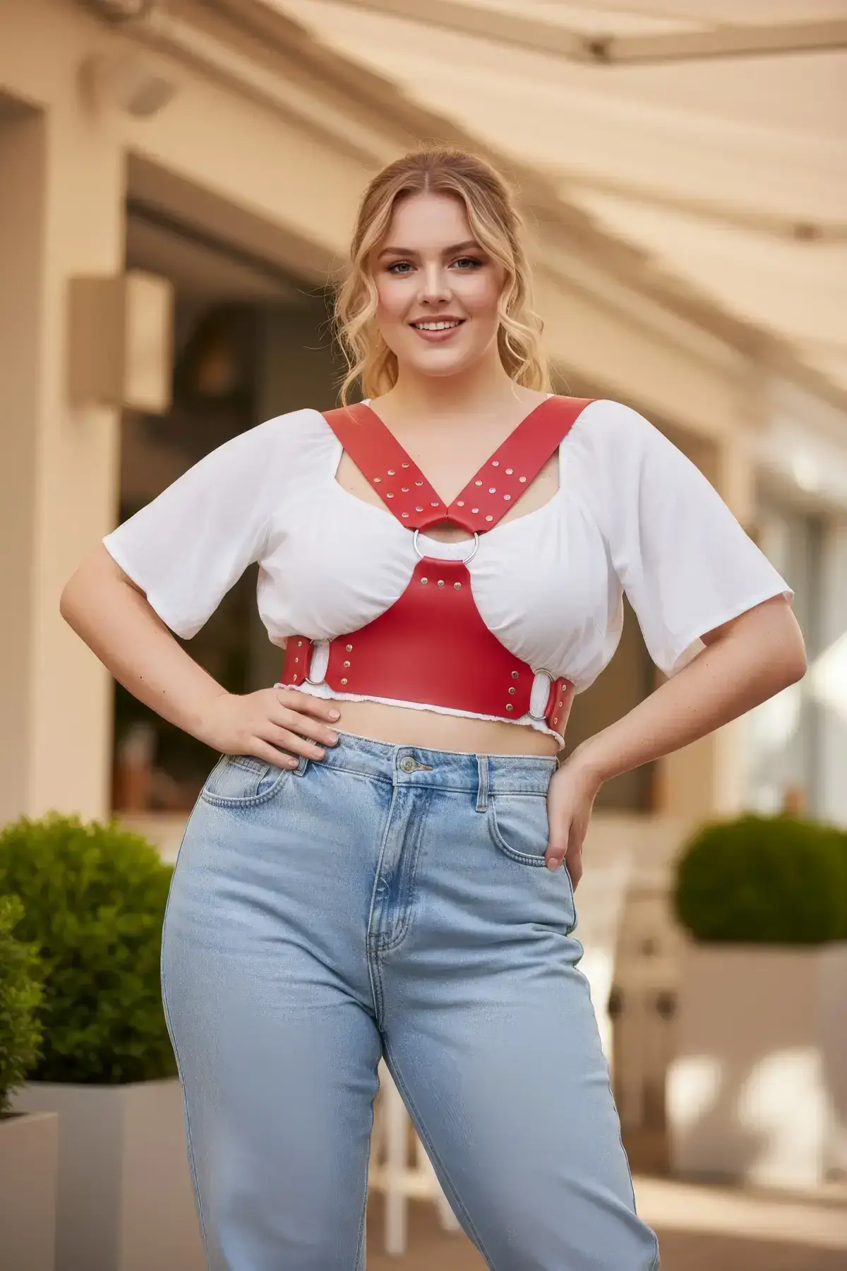 Plus Size Red Women's Belted Leather Corset Style Studded Straps - SH936