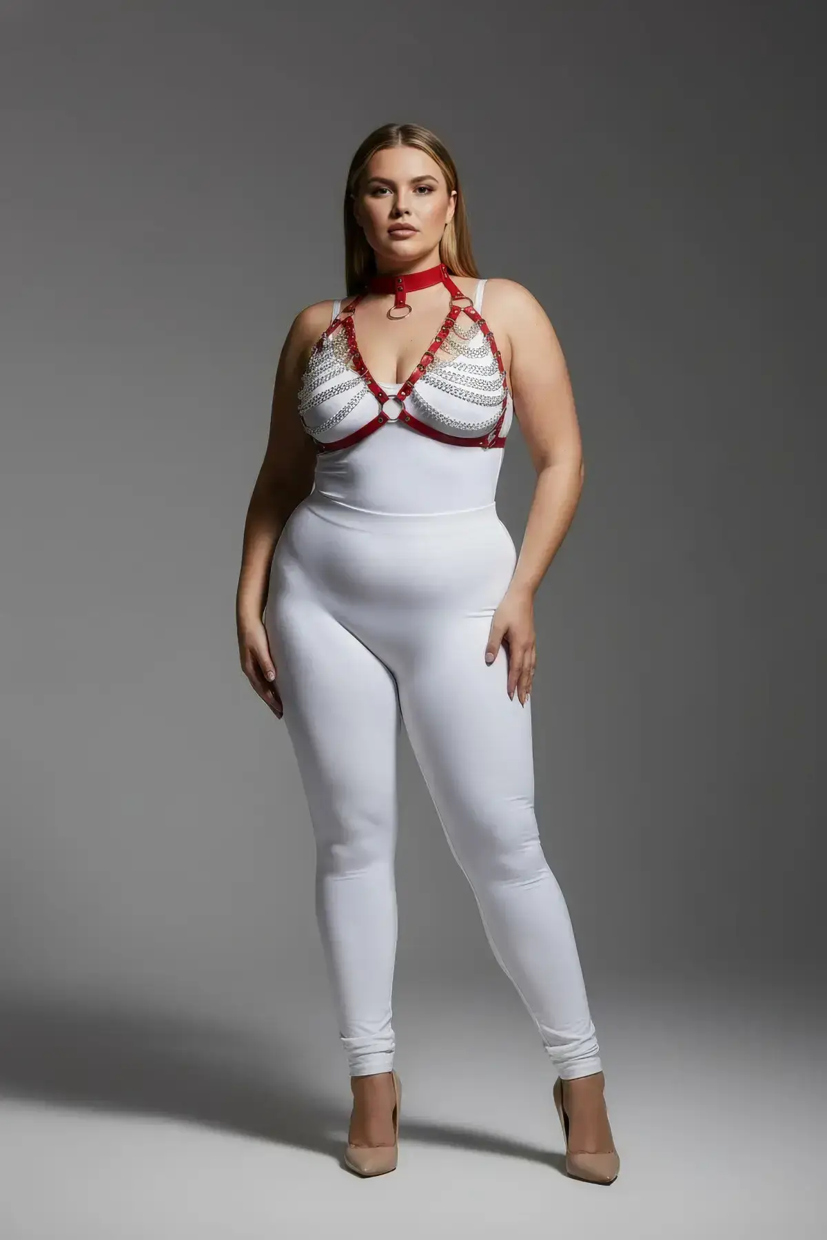 Plus Size Red Women's Harness Set with Chain Detail and Fancy Choker Collar - SH945