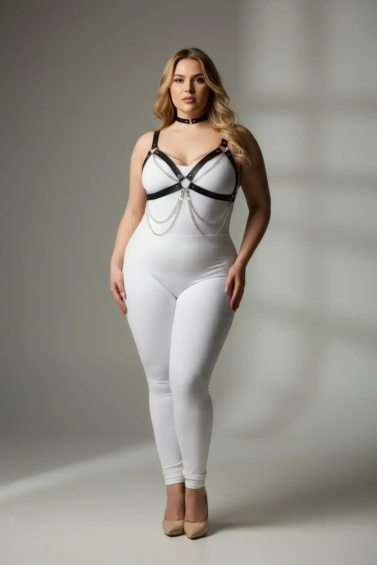 Plus Size Black Women's Harness Set with Chain Detail Leather Body Accessory - SH952