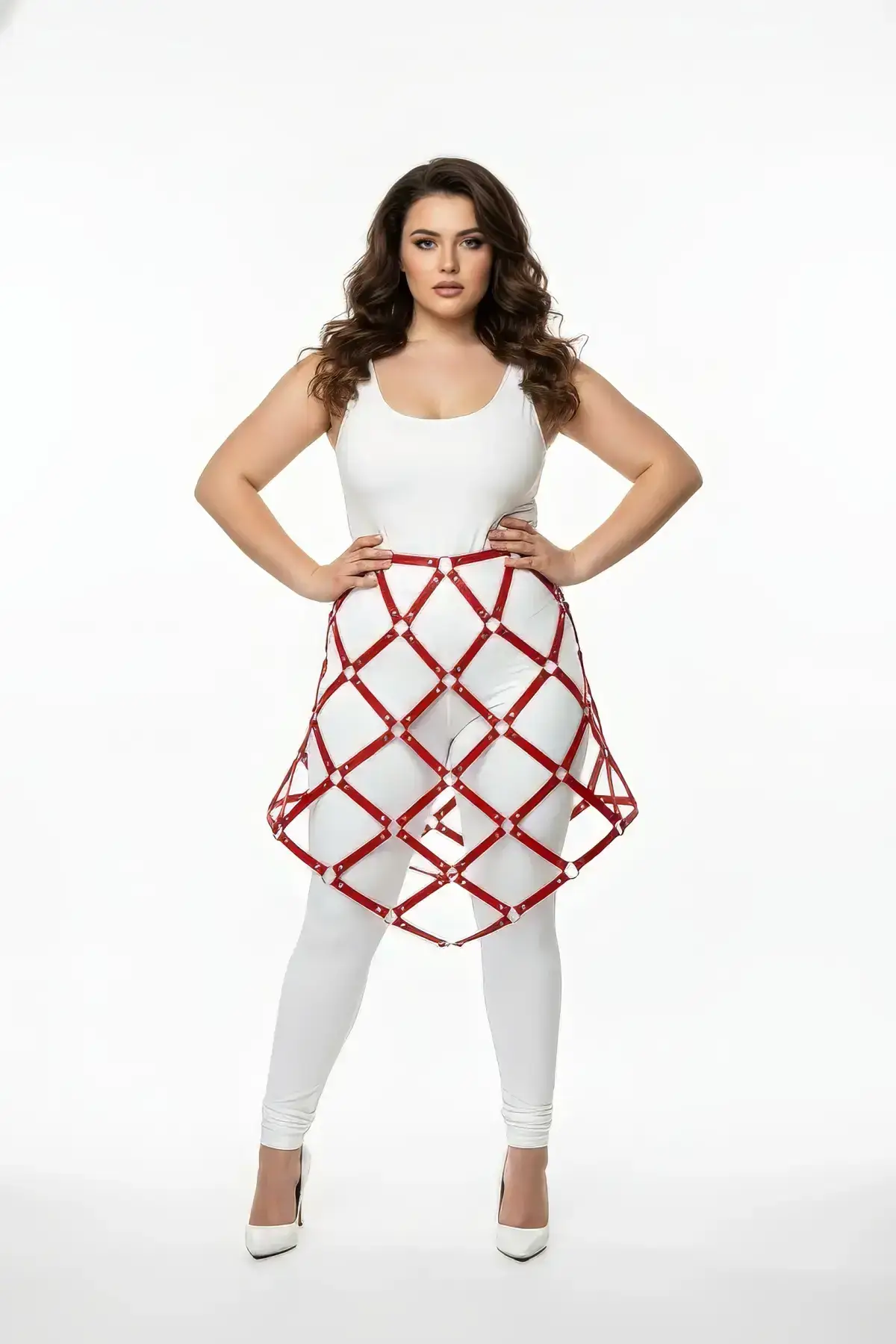 Plus Size Red Leather Skirt Harness with Cage Mesh Design Body Accessory - SH982