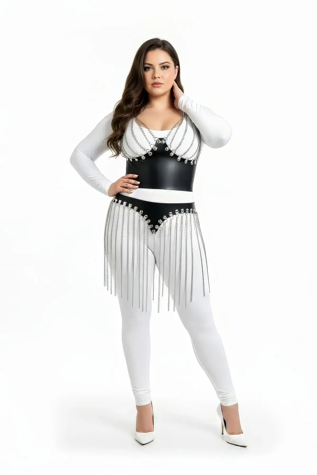 Plus Size Black Skirt with Leather-Look Chain Fringe Detail - SH994