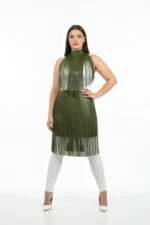 Plus Size Khaki Leather Long Skirt with Tassel Detail - SH997