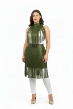 Plus Size Khaki Leather Long Skirt with Tassel Detail - SH997 - Image 2