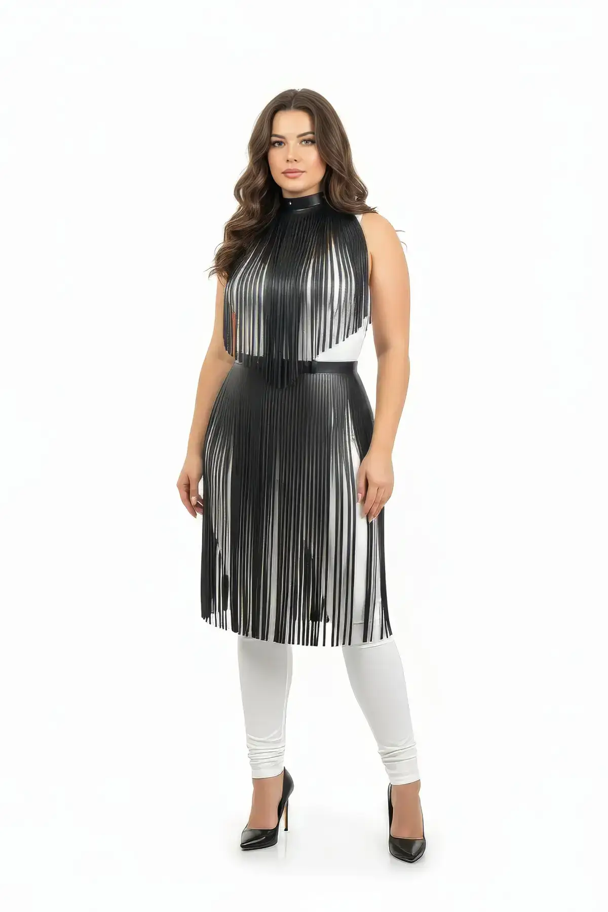 Plus Size Black Long Leather Skirt with Tassel Detail Outfit Piece - SH997