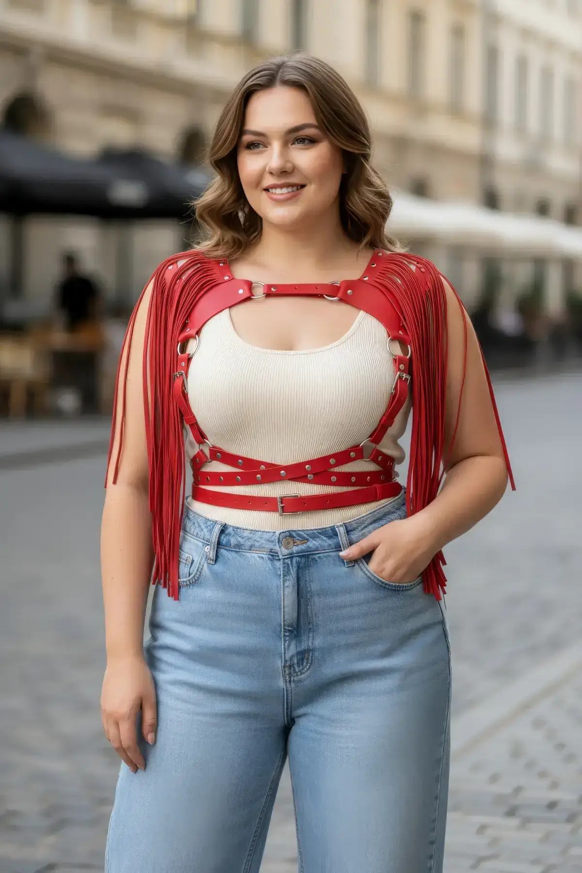 Plus Size Red Women's Belt Tassel Leather Harness Body Accessory - SH999