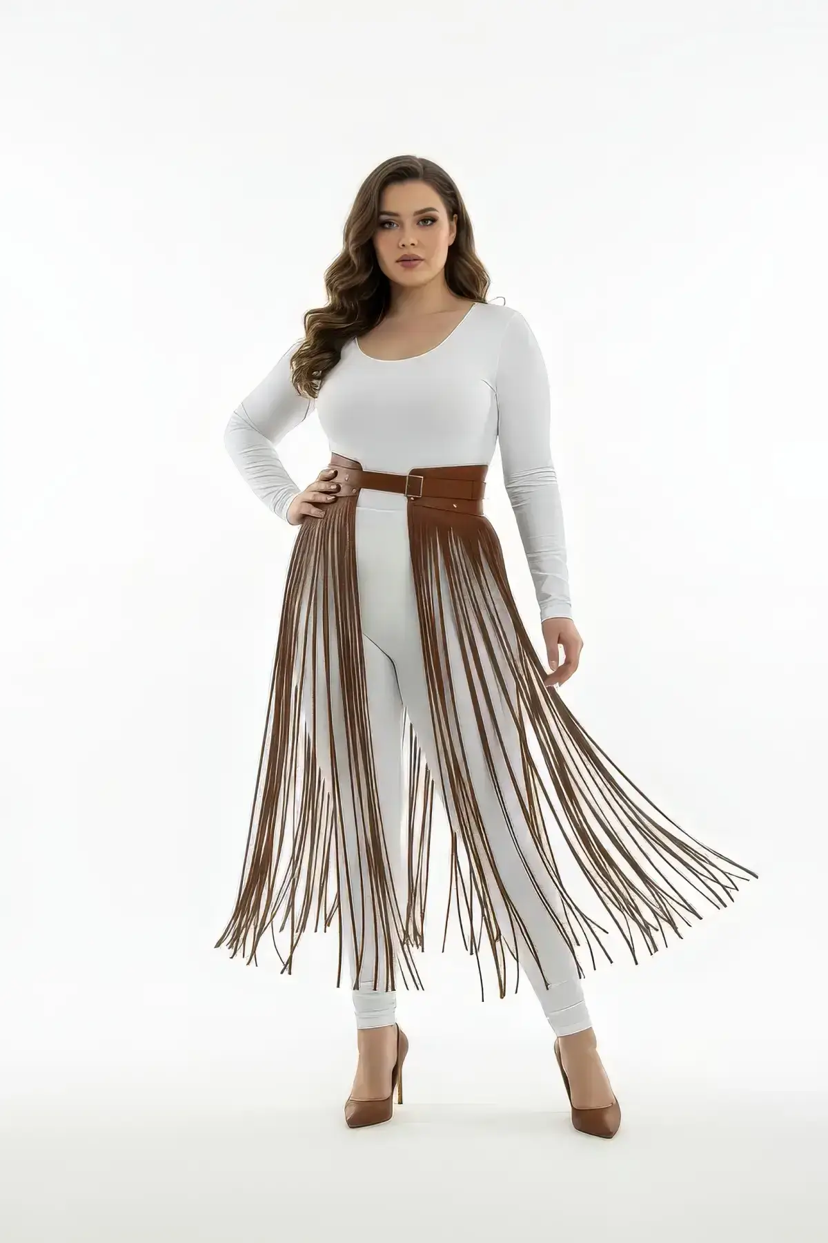 Plus Size Brown Skirt with Long Tassel Leather Accessory - SH1003