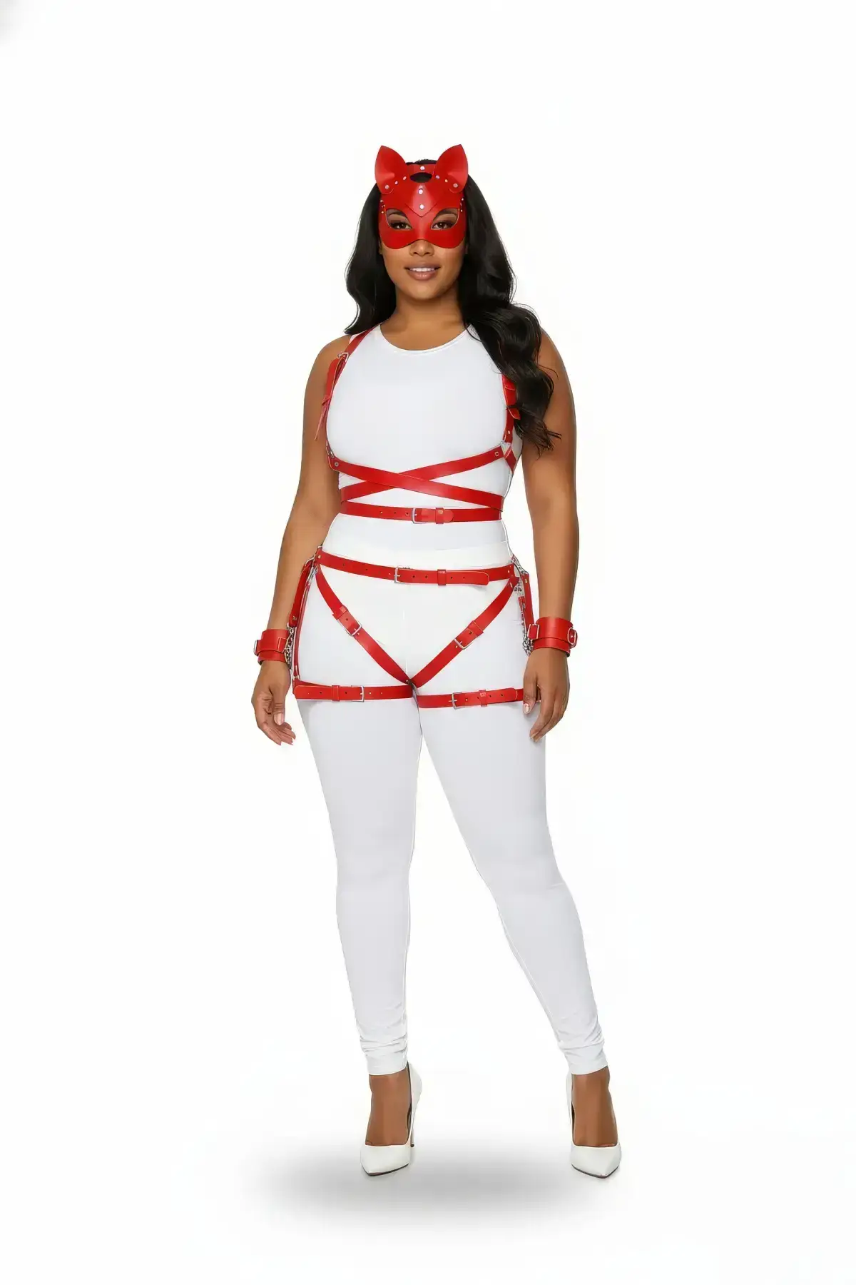 Plus Size Red Women's Leather Harness Set Body Cross Tie Fancy Accessory - SH1036