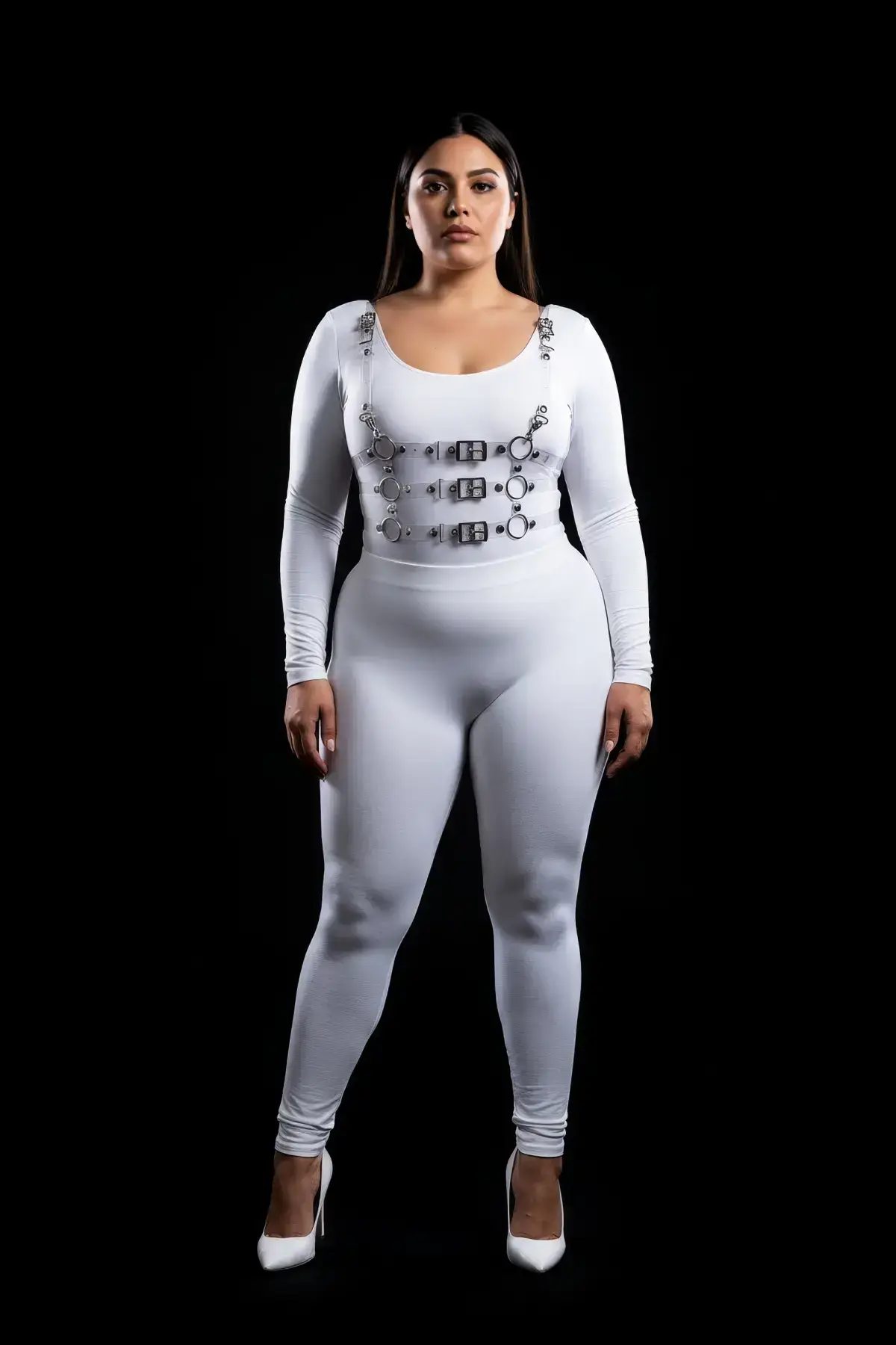 139198.webp Plus Size White Women's Harness Set with Leather-Look Buckle Detail - SH1058 - Image 1