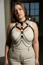 Plus Size Black Women's Leather Harness Belt with Chain and Choker Details - SH1066 - Image 2