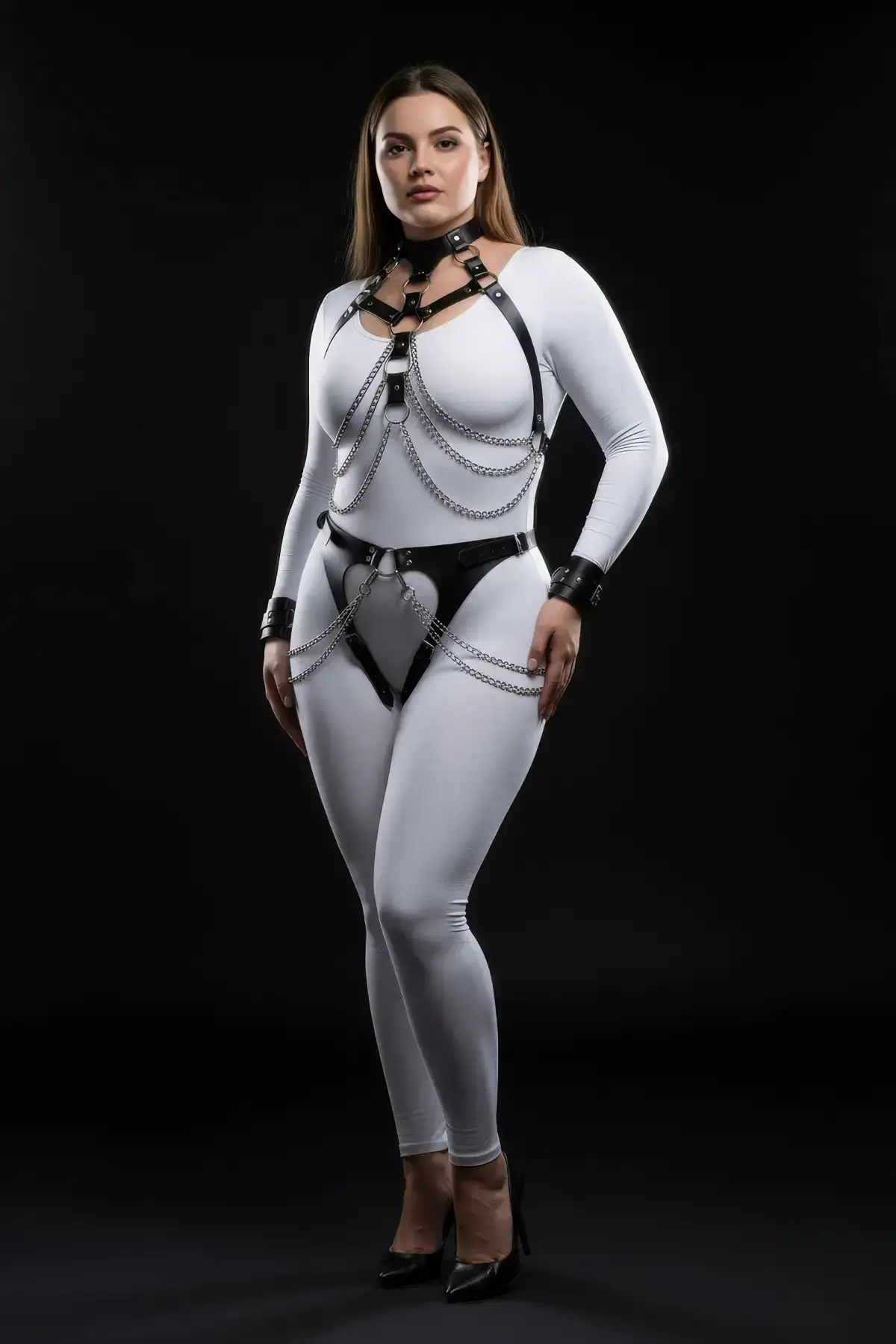 Plus Size Black Women's Harness Set with Chain Detail, Leather Fancy Accessory - SH1067