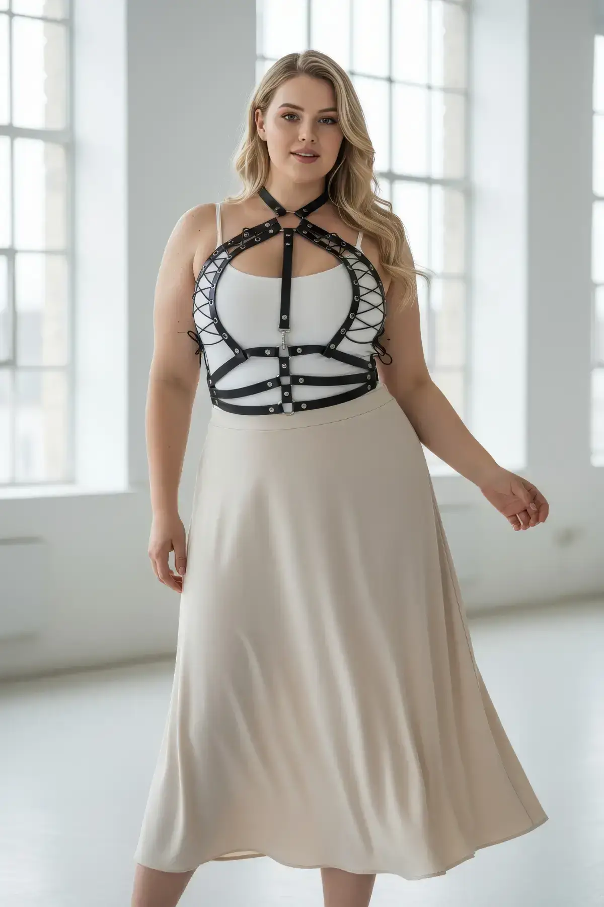 Plus Size Black Women's Belted Corset Style Leather Harness - SH1077