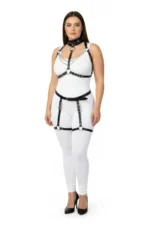 Plus Size Black Women's Leather Harness Set with Chain and Ring Details and Garter Belt - SH1081 - Image 2