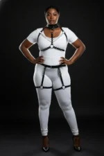 Plus Size Black Women's Leather Harness Set with Chain and Ring Details and Garter Belt - SH1081 - Image 3