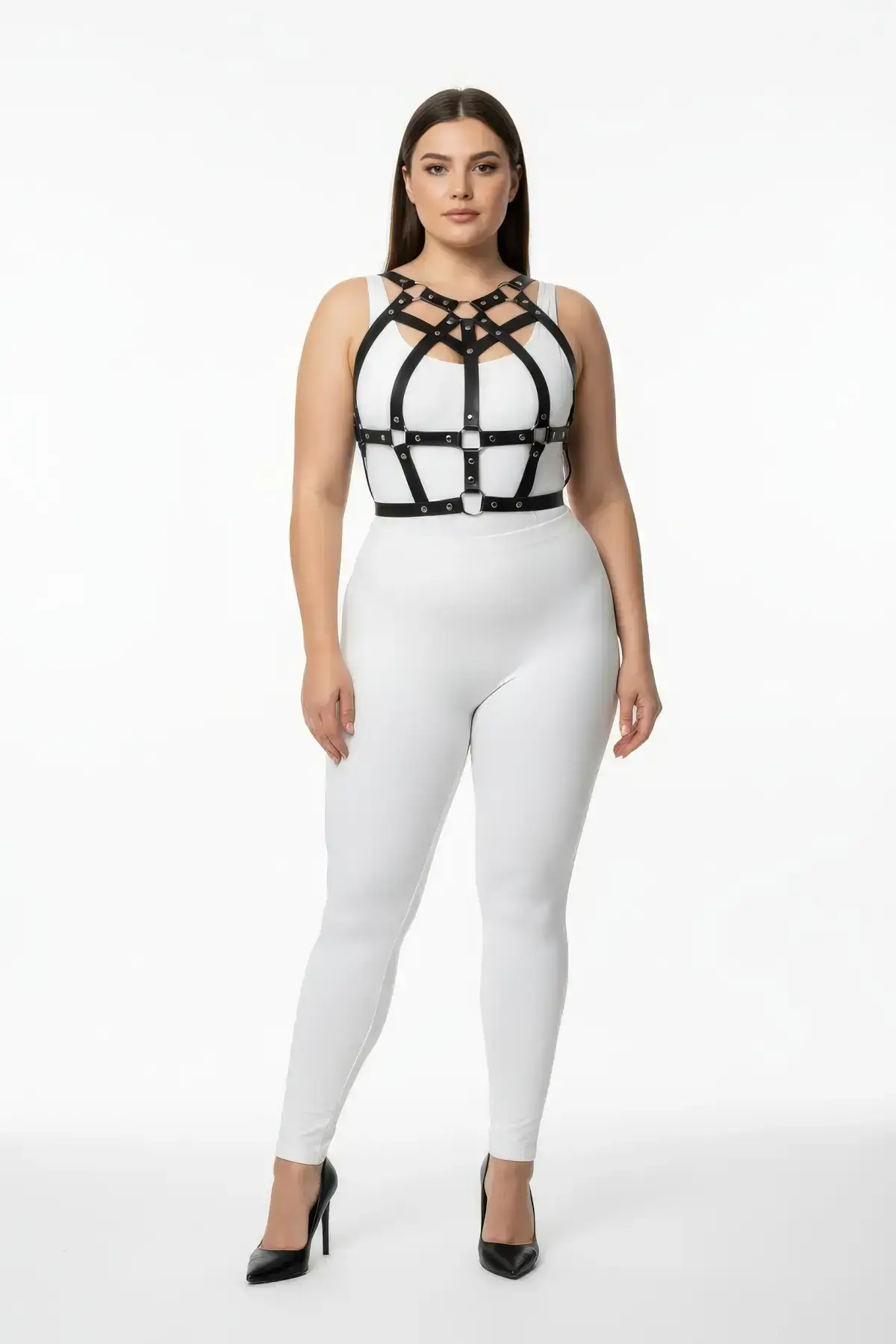 Plus Size Black Women's Harness Set with Stud Details, Stylish Body Accessory - SH1085