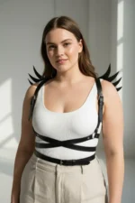 Plus Size Black Women's Leather Harness Body Accessory with Belt and Wing Detail - SH1097