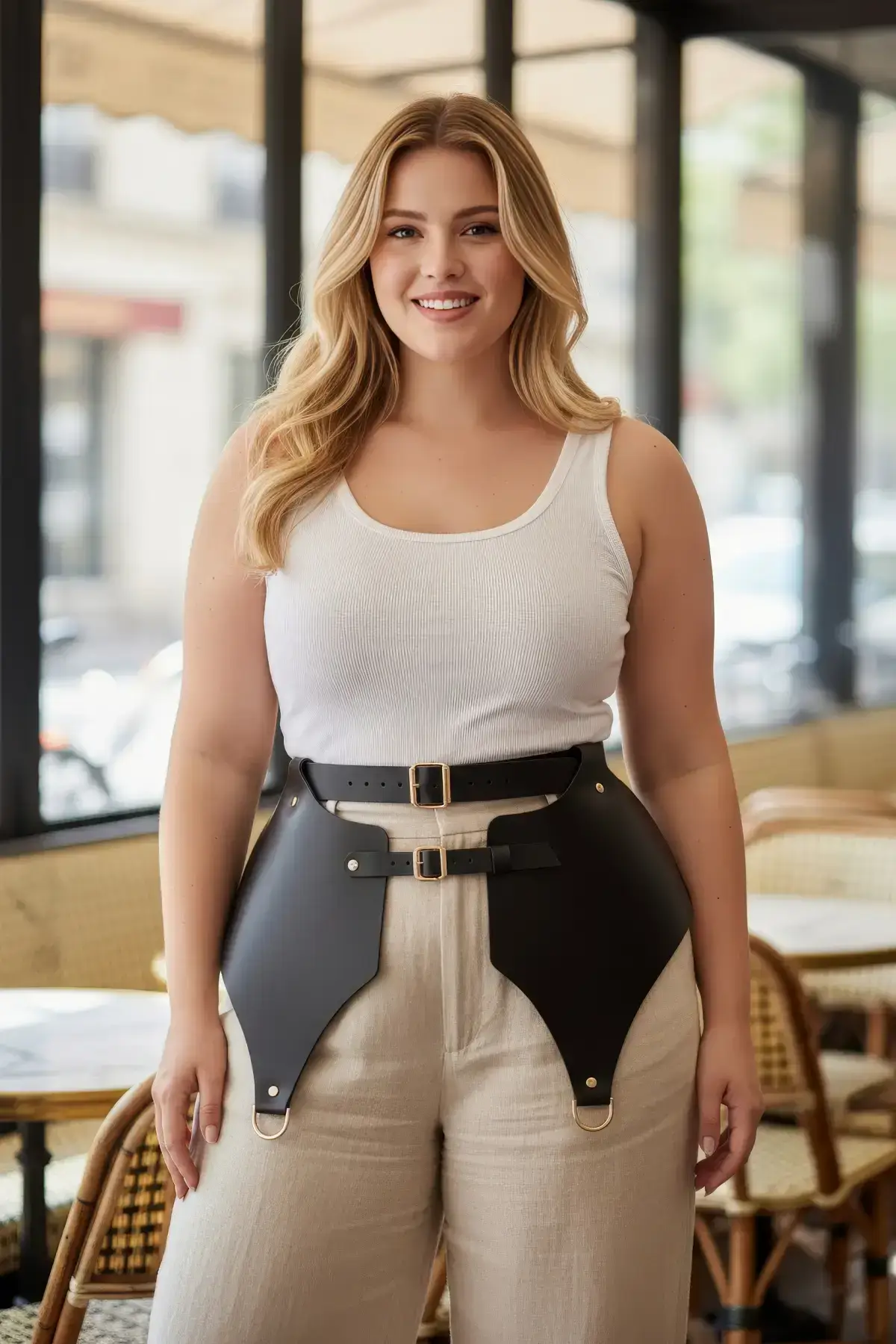 Plus Size Black Women's Belt Corset Style Outfit Complementary with Gold Buckle - SH1119