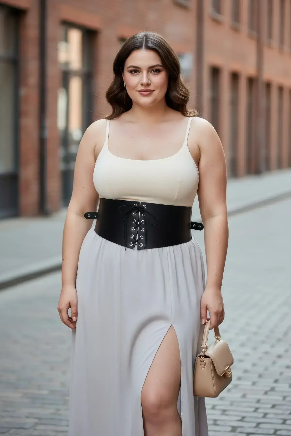 Plus Size Black Women's Dress with Belt and Corset Detail - SH1127