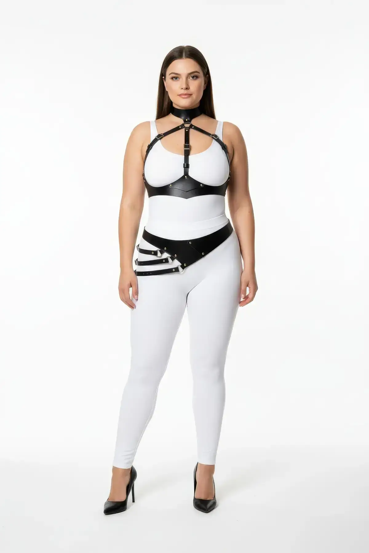 Plus Size Black Women's Leather Harness Set with Body Belt Detail Fantasy Accessory - SH1139