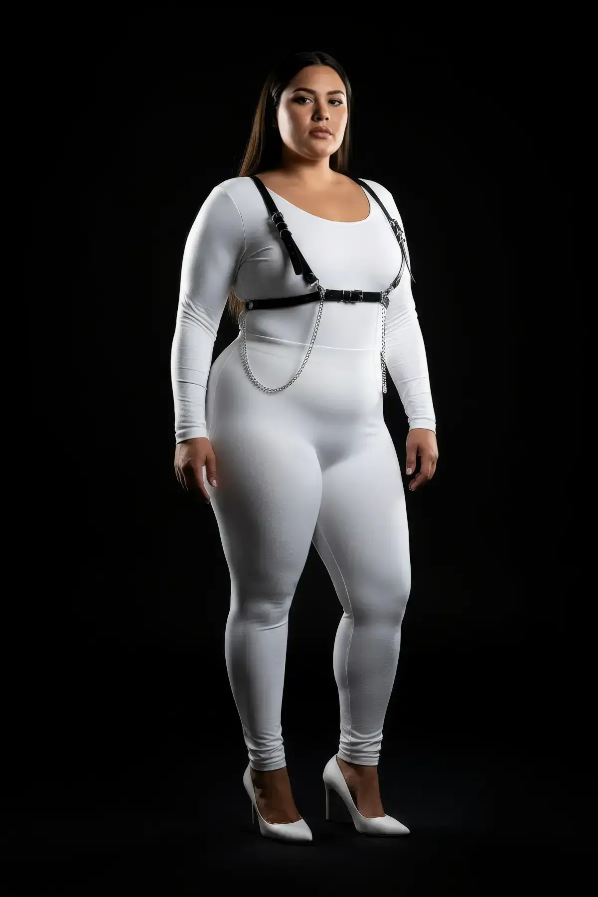 Plus Size Black Women's Leather Harness Set with Chain Detail - Stylish Accessory - SH1176