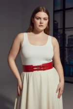 Plus Size Red Women's Wide Belt Double Buckle Leather Combination Set - SH1203 - Image 4