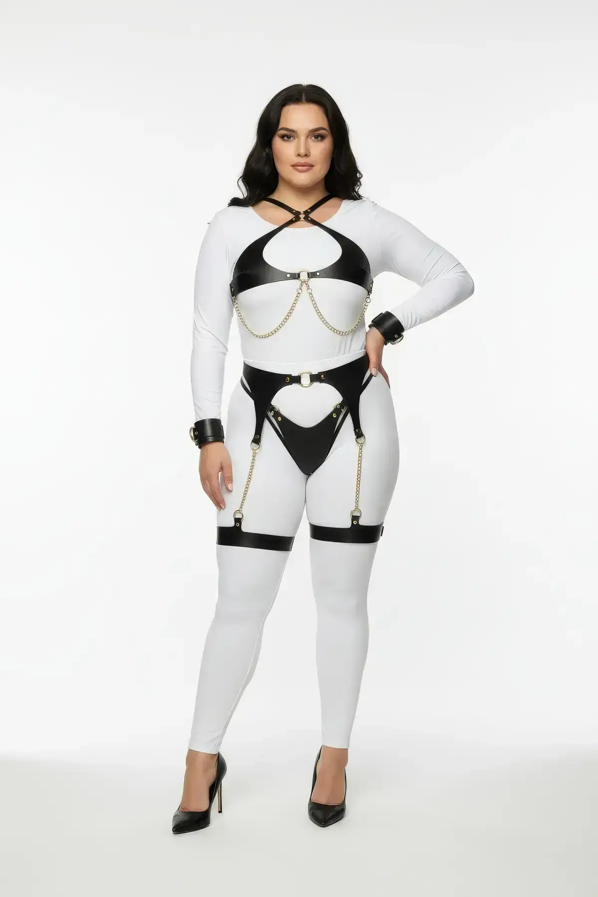 Plus Size Black Women's Harness Set with Chain Detail and Garter Belt - SH1219