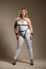 Plus Size Black Women's Leather Harness Set with Chain and Garter Details - SH1224