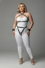 Plus Size Black Women's Leather Harness Set with Chain and Garter Details - SH1224 - Image 2