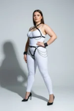 Plus Size Black Women's Leather Harness Set with Chain and Garter Details - SH1224 - Image 3