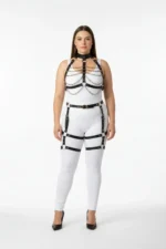 Plus Size Black Women's Harness Set with Chain Detail and Garter Belt - Leather Set - SH1262