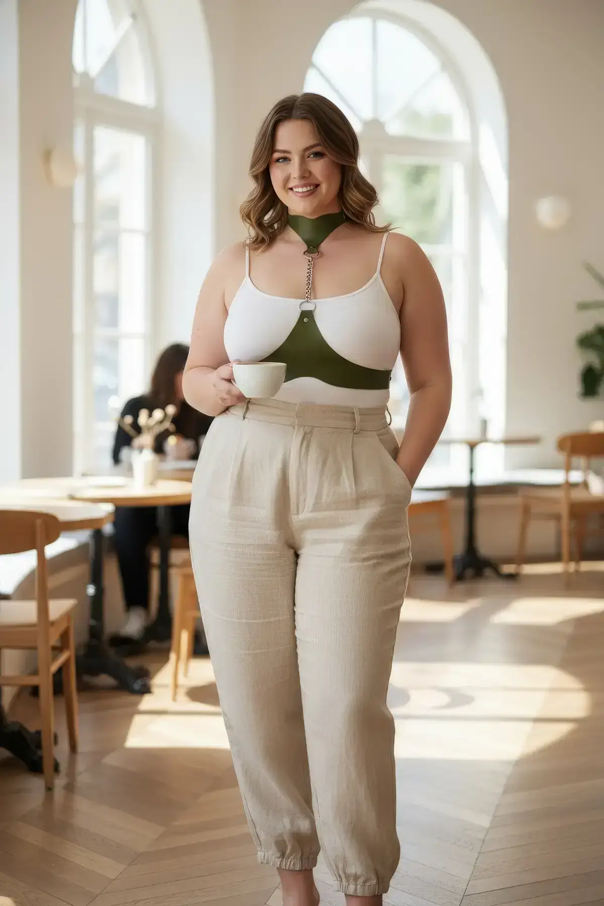 Plus Size Khaki Women's Leather Belt Harness with Chain Detail Body Accessory - SH1265