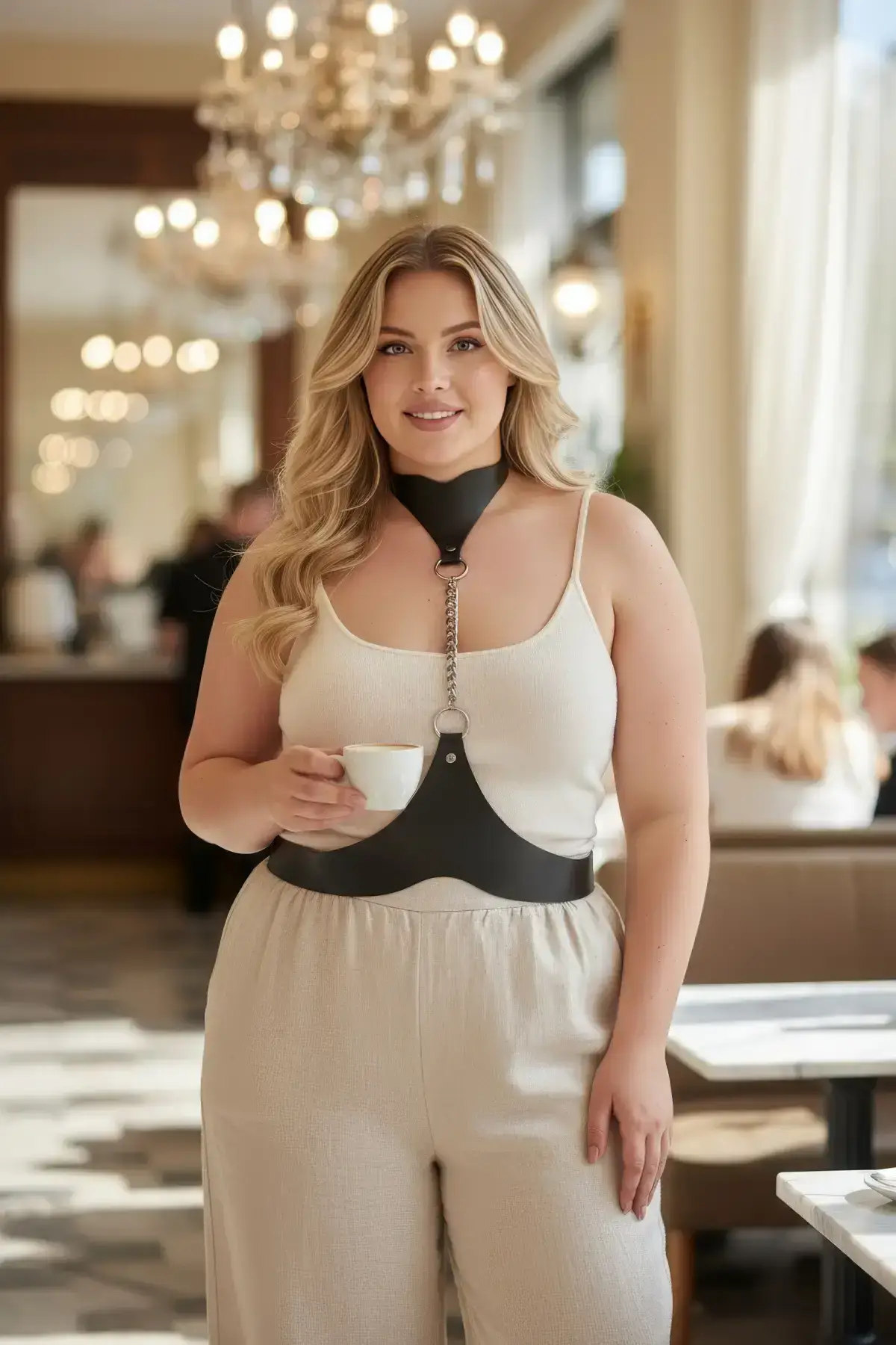 Plus Size Black Women's Leather Body Belt with Chain Detail Combination Accessory - SH1265