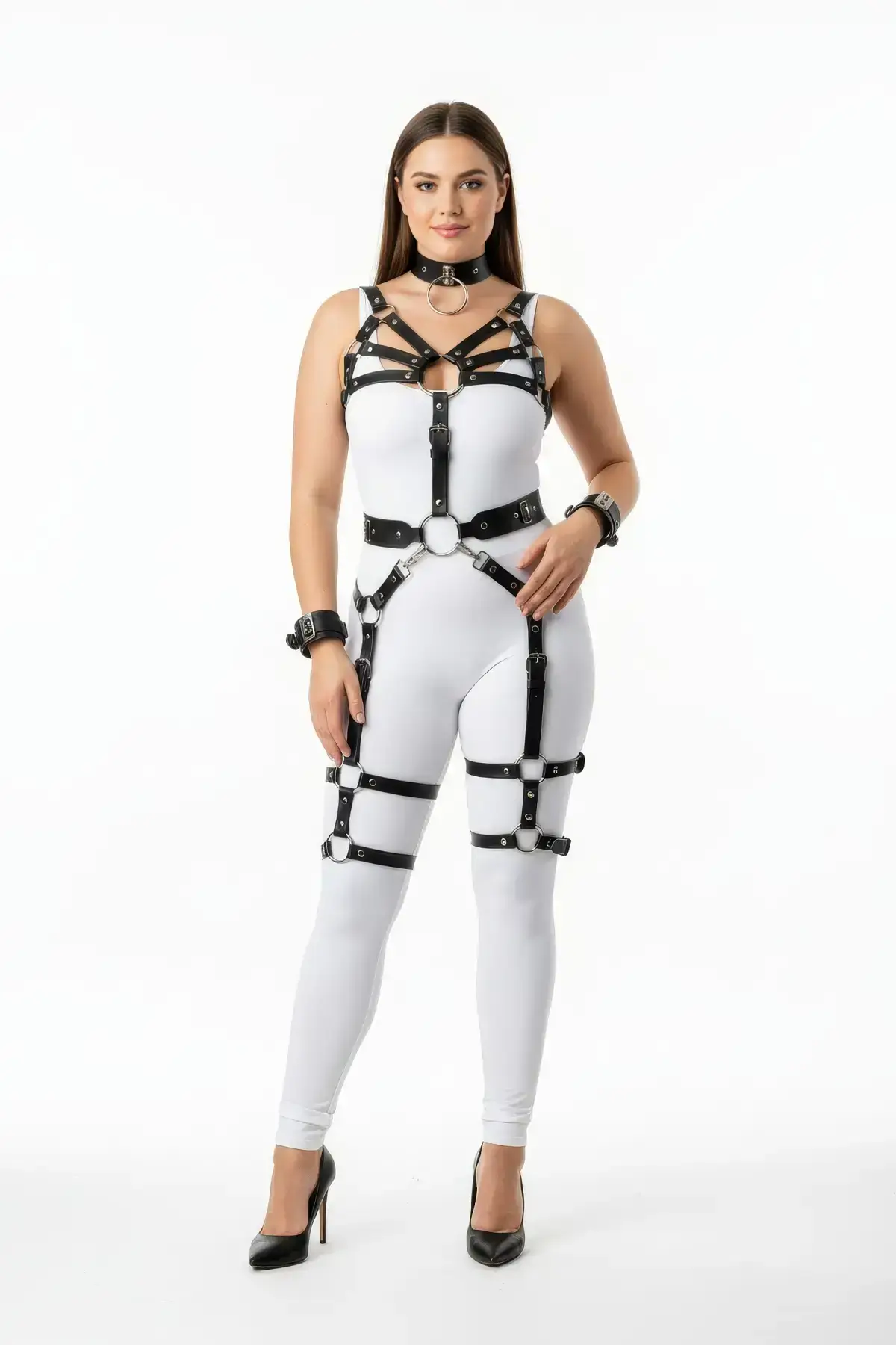 Plus Size Black Women's Harness Set Full Body with Garter Belt and Leather Accessories - SH1267