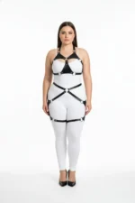 Plus Size Black Women's Leather Harness Set with Ring Detail and Garter Belt - SH1272 - Image 2