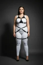 Plus Size Black Women's Leather Harness Set with Ring Detail and Garter Belt - SH1272 - Image 4