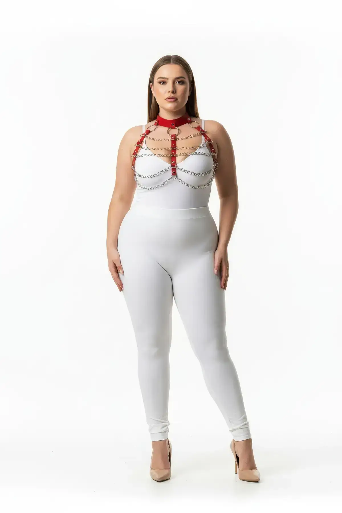 Plus Size Red Women's Leather Harness Set with Chain Detail - Stylish Accessory - SH1285