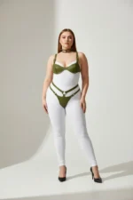 Plus Size Khaki Women's Harness Set with Leather Bra, Collar and Ring Details Fantasy Accessory - SH1298