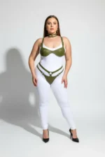 Plus Size Khaki Women's Harness Set with Leather Bra, Collar and Ring Details Fantasy Accessory - SH1298 - Image 2